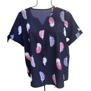 Feather Print Black Blouse V Neck Cuffed Short Sleeves Woman’s Sz Large/8-10